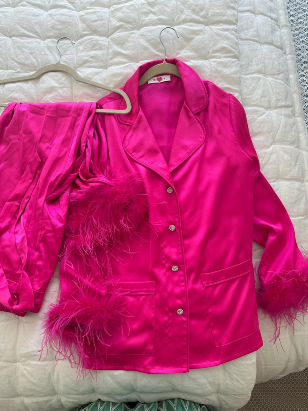 Hot Pink Feather Trim Satin Pajama set- top and pants